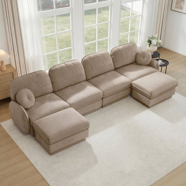 English Elm 137" Oversized U-shaped Chenille Sectional with Ottoman Quilted Cushions for Spacious Living Light Coffee W714S01764