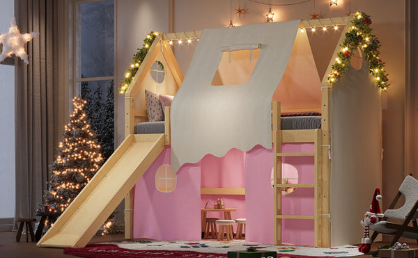 English Elm Twin Pine Loft Bed with House Frame Tent Led Lights Slide and Floor Space Below W1580S00289