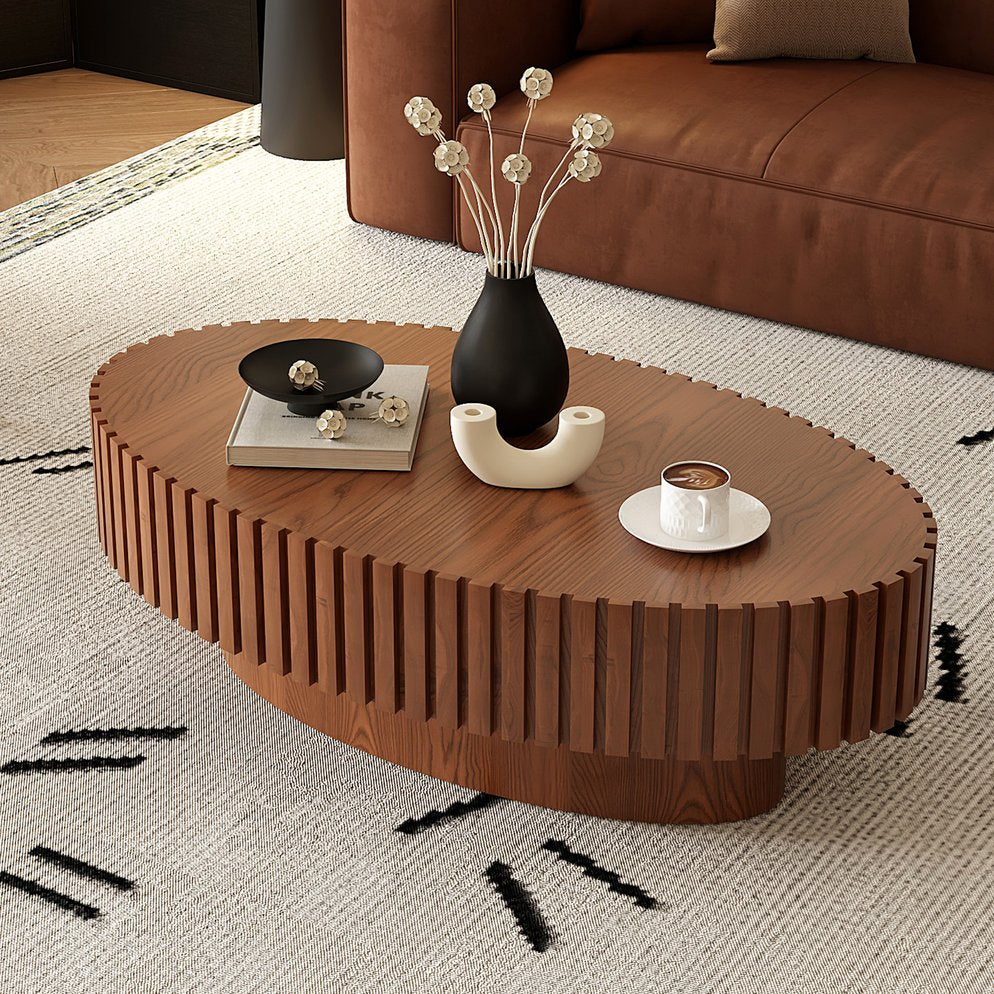 English Elm Oval Handcrafted Relief Coffee Table with Sturdy MDF Pedestal, Olive-Inspired Shape, Easy Assembly, Modern Chic Design Natural Wood W3081P255090