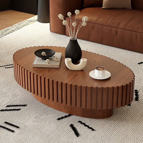 English Elm Oval Handcrafted Relief Coffee Table with Sturdy MDF Pedestal, Olive-Inspired Shape, Easy Assembly, Modern Chic Design Natural Wood W3081P255090