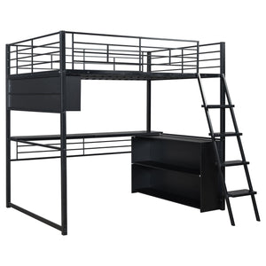 English Elm Full Metal Loft Bed with LED Desk & 4 Shelves, Black – Sturdy Full Frame, Color-Changing Lights, Compact GX000653AAB
