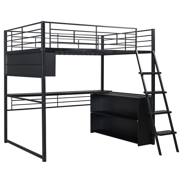 English Elm Full Metal Loft Bed with LED Desk & 4 Shelves, Black – Sturdy Full Frame, Color-Changing Lights, Compact GX000653AAB
