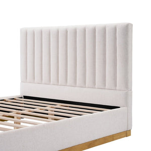 English Elm Queen Upholstered Bed Linen Fabric Channel Stitched Headboard Solid Wood Base Support N757Q338166I