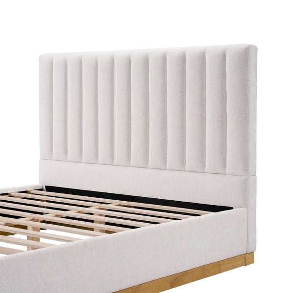 English Elm Queen Upholstered Bed Linen Fabric Channel Stitched Headboard Solid Wood Base Support N757Q338166I