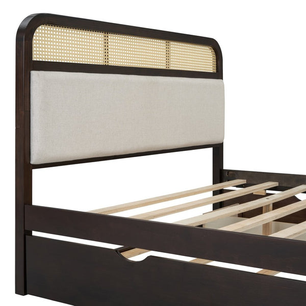 English Elm Queen Wooden Platform Bed With Trundle, 2 Storage Drawers & Padded Headboard In Espresso Finish N820S00010P-GIGA