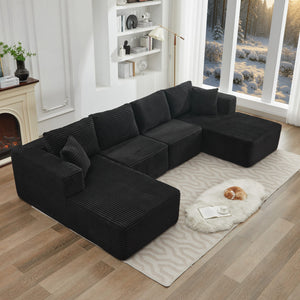 English Elm 106" Cloud Sectional Couch - Modern Double Chaise Sofa In Black Plush Corduroy, No Assembly Needed! W1143S00030