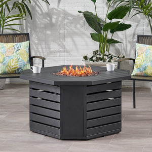 English Elm Octagon Iron Propane Fire Pit with Open Slat Design for Patio Gatherings 66596.00BLK-50K