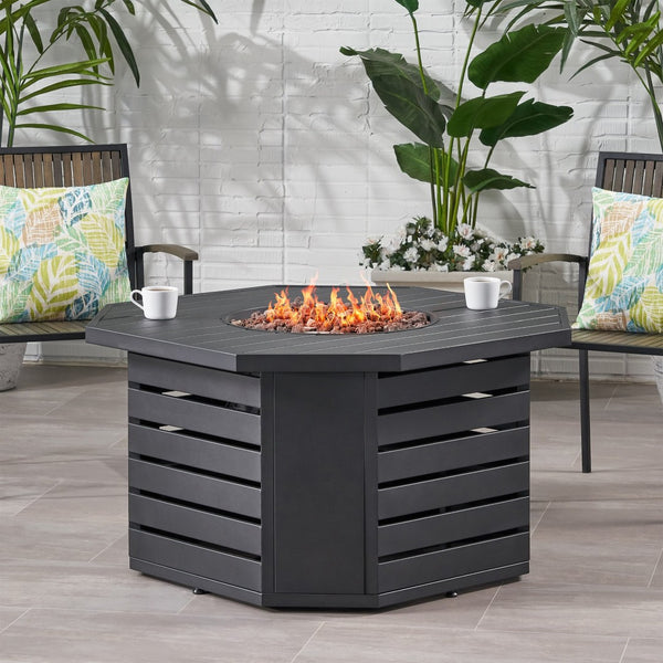 English Elm Octagon Iron Propane Fire Pit with Open Slat Design for Patio Gatherings 66596.00BLK-50K