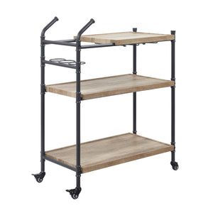 English Elm Brantley 3-Tier Oak & Sandy Black Serving Cart with Wheels, Metal Legs, Powder Coat, 70lb Top Capacity B2726P286743
