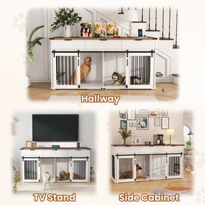 English Elm 71'' Walnut Woodgrain Dog Kennel Cabinet with Fluted Drawers and Built-in Power Station W5216S00001