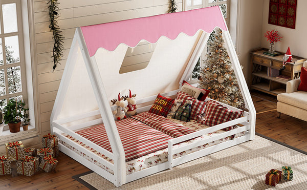English Elm Twin Montessori Floor Bed Solid Pine Teepee Frame with Guardrails and Canopy Light White+Pink W1580P369467