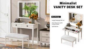 English Elm Modern Vanity Desk with Mirror & Stool, 2 Large Drawers, Fluted Panels, Cushioned Ergonomic Seat, White N844P262898A