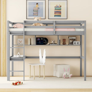 English Elm Twin Loft Bed with Built-In Desk and Bookcase, Pine Frame, Safety Guardrail, Ladder for Study Space Grey W504P181852