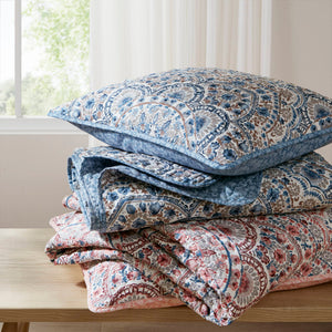 JLA Home Super Listing - Boho Valerie Reversible Quilt with Watercolor Medallion and Tonal Floral, Ultra‑Soft Brushed Microfiber Blue AM14-0593