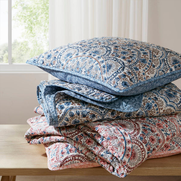 JLA Home Super Listing - Boho Valerie Reversible Quilt with Watercolor Medallion and Tonal Floral, Ultra‑Soft Brushed Microfiber Blue AM14-0593