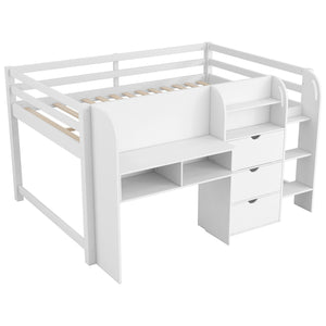 English Elm Full Size Low Loft Bed With Desk, Storage Solutions & Whiteboard For Creative Learning – White Finish N7090005005K