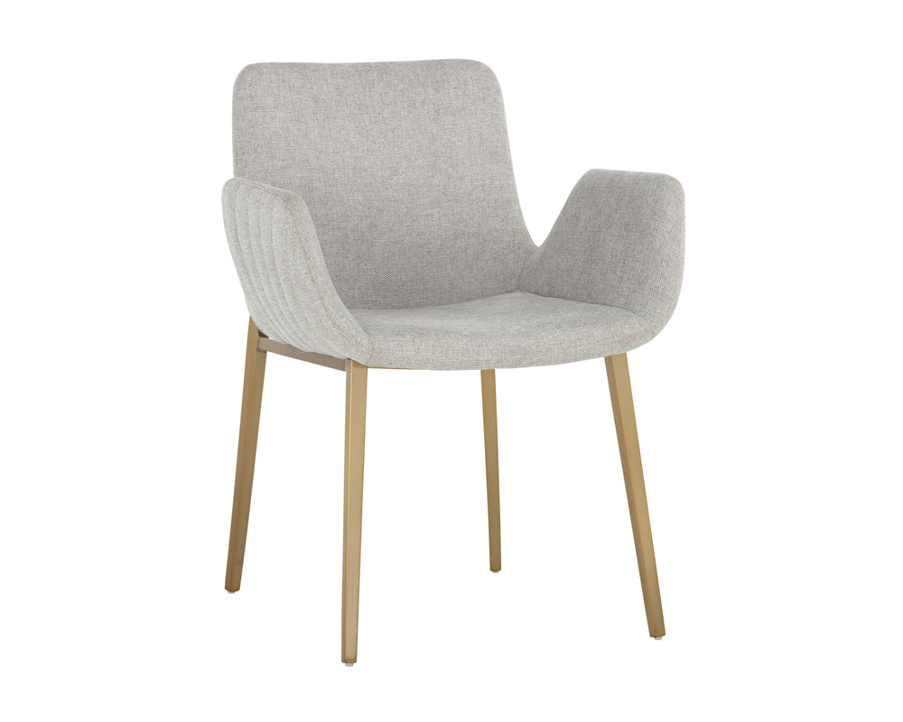 Sunpan Lucano Dining Armchair - Elegant Scooped Design with Vertical Channel Tufting and Gold Legs Belfast Heather Grey