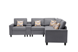 English Elm Nereo Six Piece Linen Sectional Sofa with Charging Console Storage and Reversible Layout B2749S00129