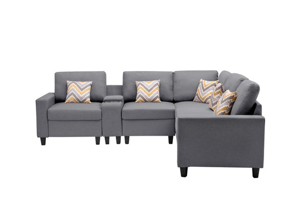 English Elm Nereo Six Piece Linen Sectional Sofa with Charging Console Storage and Reversible Layout B2749S00129