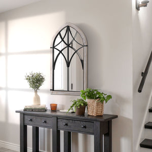 English Elm HOMCOM Rustic Arch Window Wall Mirror 36.5"x23.5" Distressed Wood Grain Frame, Trellis Design, Brightens Room W2225P229130