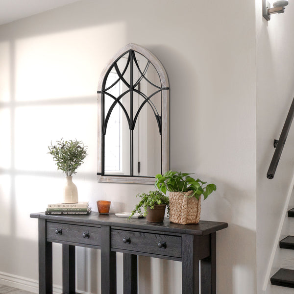 English Elm HOMCOM Rustic Arch Window Wall Mirror 36.5"x23.5" Distressed Wood Grain Frame, Trellis Design, Brightens Room W2225P229130