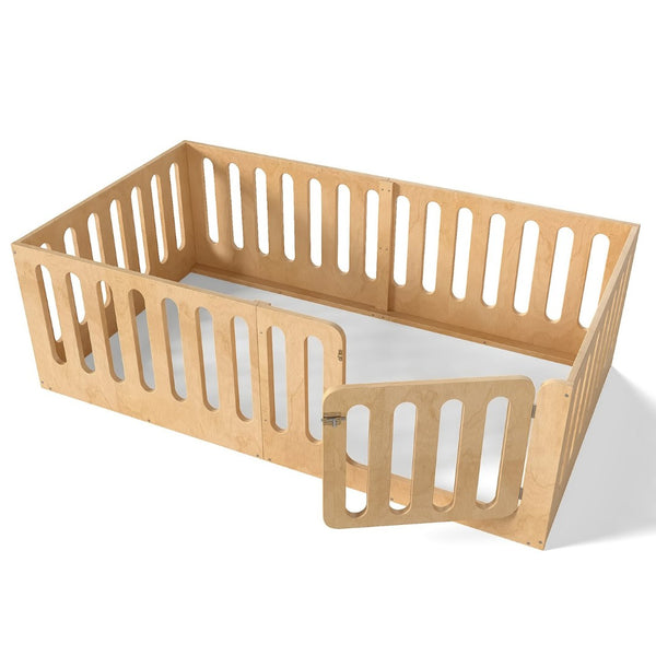 English Elm Twin Solid Pine Montessori Floor Bed with House Frame Door and Safety Fence Natural W5305P420633