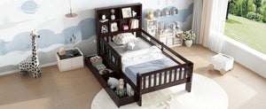English Elm Twin Chalkboard Platform Bed with Drawers & Shelves, Solid Wood Kids Bed with Storage and Creative Headboard Espresso W1580P362705