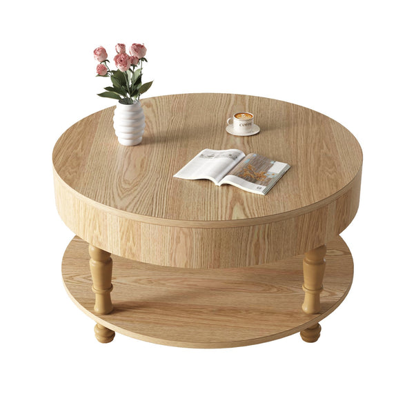 English Elm Coffee Round Flip-Top Coffee Table with Hidden Storage and Open Shelf, Modern Living Room Chest Natural Wood W1445P341371