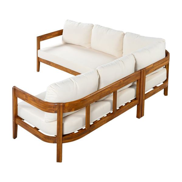 English Elm U_style Acacia Wood Outdoor L Shaped Corner Sofa Set with Arc Frame and Cushions White WY000481AAA