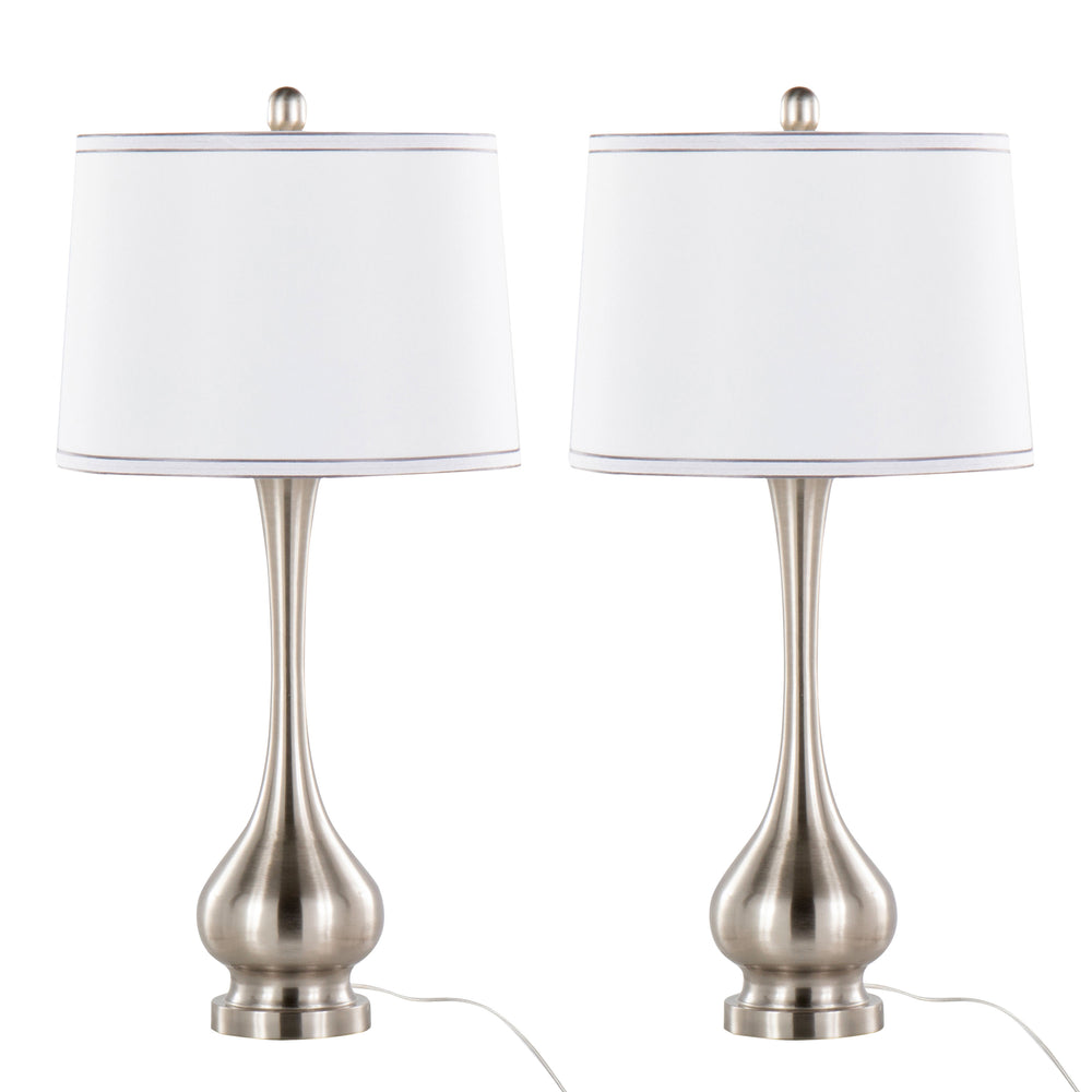 English Elm Cairo Brushed Nickel Table Lamp Set of 2 — 28.75" Contemporary Bulbous Base, White Linen Drum Shade, 3-Way Switch B202P224102