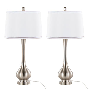 English Elm Cairo Brushed Nickel Table Lamp Set of 2 — 28.75" Contemporary Bulbous Base, White Linen Drum Shade, 3-Way Switch B202P224102