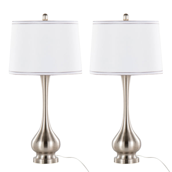 English Elm Cairo Brushed Nickel Table Lamp Set of 2 — 28.75" Contemporary Bulbous Base, White Linen Drum Shade, 3-Way Switch B202P224102