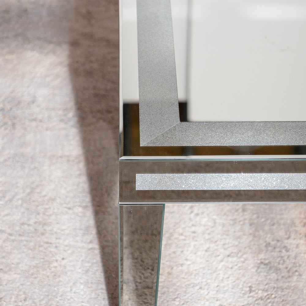 English Elm Silver Mirrored Coffee Table with Crushed Crystal Edge, Rectangular Clear Glass Top, Glam Modern Centerpiece W3081P326484
