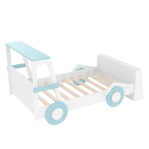 English Elm Twin Pine Treehouse Floor Bed with Padded Rails and Cabin Roofline for Kids White+Blue W1580S00470