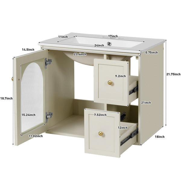 English Elm 24" Modern Wall-Mount Bathroom Vanity with Ceramic Sink, Glass Door Cabinet, 2 Drawers, Soft-Close Beige N710P286704Y