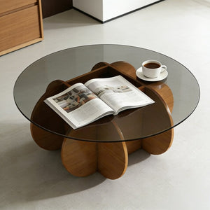 English Elm Modern Round Glass Top Coffee Table with Walnut Wood Base for Living Room Decor W3101P417725