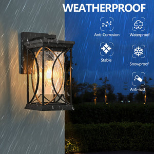 English Elm 14"(H) Black Outdoor Wall Lantern with Crackled Glass - Weatherproof Modern Porch Sconce, E26 Ready, Durable Metal Frame W2312P374978