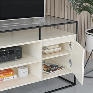 English Elm Camley Industrial Media Console with Fluted Glass Panels and Open Component Shelving B2733P444609