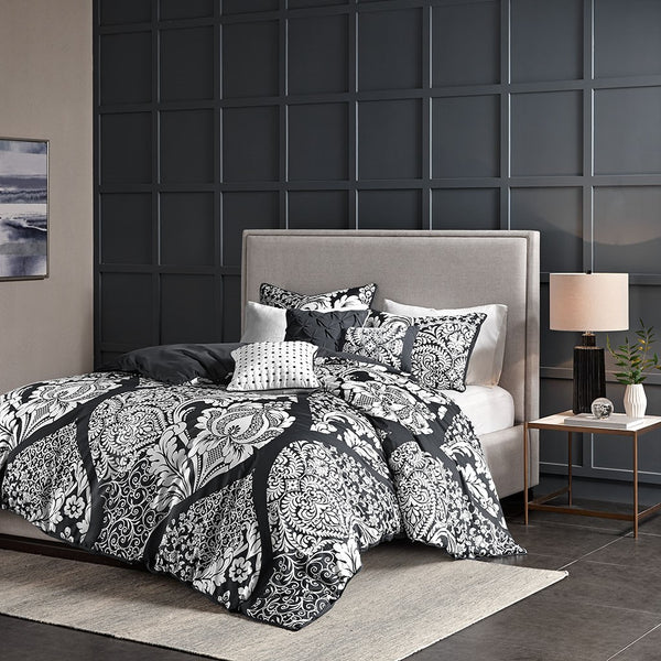 English Elm Full/Queen Vienna 6-Piece Printed Duvet Cover Set – 100% Cotton Sateen Damask, OEKO-TEX Certified Comfort B03597369