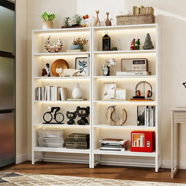 English Elm Tall Five Tier Bookcase with Led Shelf Lighting White Mdf Frame Living Room Display W3204P454083