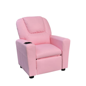 English Elm Carisa Youth Pu Leather Recliner Chair with Cupholder for Playroom or Bedroom Pink B2749P413218