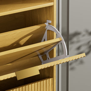 English Elm Shoe Cabinet Slim Entryway Organizer with Flip Compartments Wave Front and Gold Hardware Natural W1162P384346