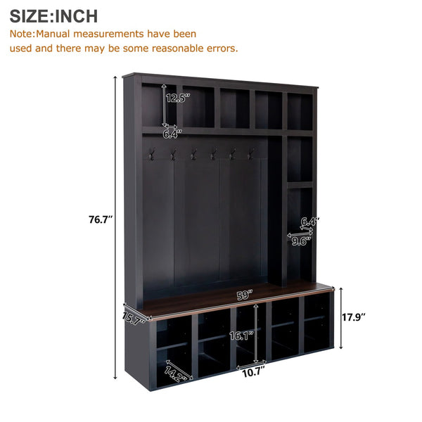 English Elm On-Trend Farmhouse Hall Tree With 6 Hooks & Storage Bench – 4-In-1 Entryway Organizer In Walnut & Black N721S000044B-GIGA