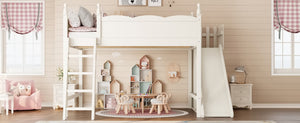 English Elm Queen Solid Pine Loft Bed with Wardrobe Shelves Detachable Slide and Dual Sleeping Zones Beige W5305S00028
