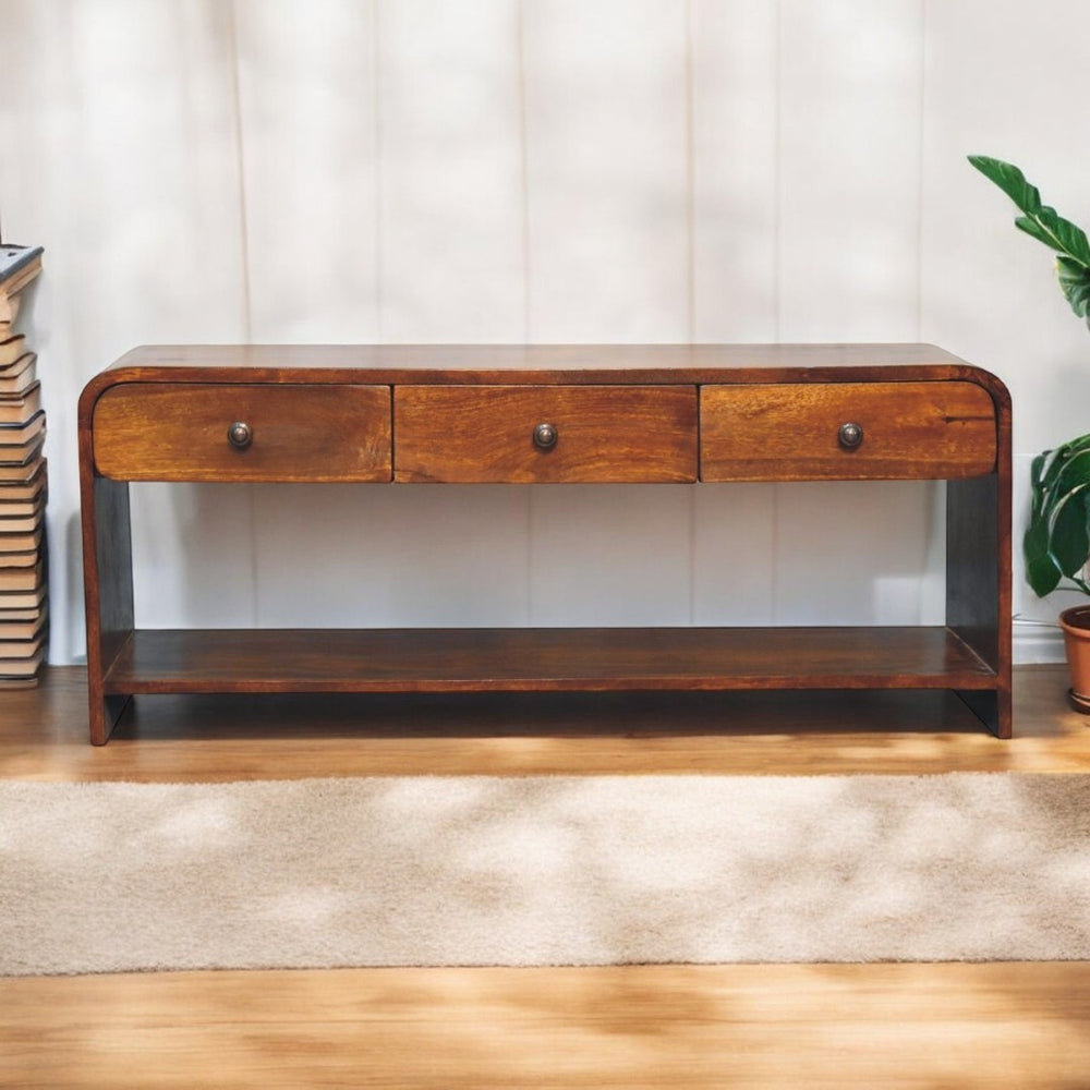 English Elm Solid Wood Aspen Slim Media Unit - Handcrafted 3-Drawer Tv Stand With Open Display Slot In Chestnut B182P249408-GIGA