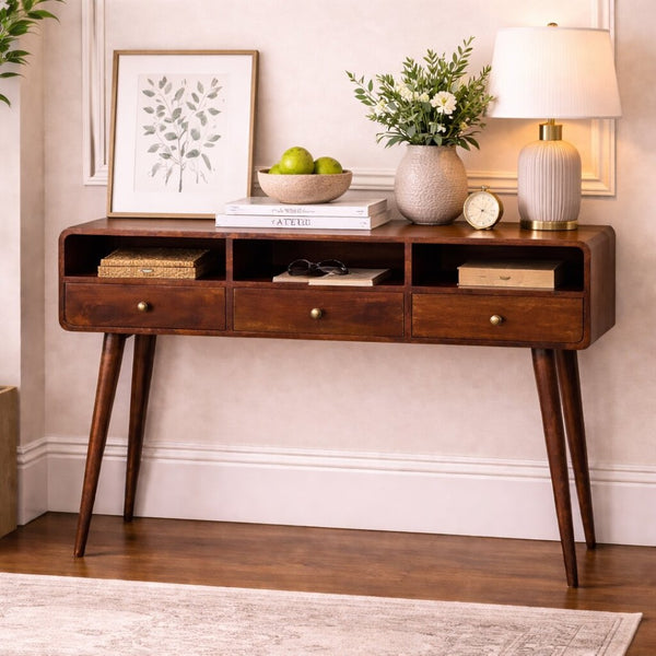 English Elm Solid Mango Wood Console Table with Three Drawers Tapered Legs Walnut Entryway B182P480081