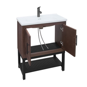 English Elm 24" Bathroom Vanity with Smooth White Ceramic Sink, Durable Metal Hinges, Adjustable Feet, Sleek Faucet & Open Iron Shelf Walnut W688P224404