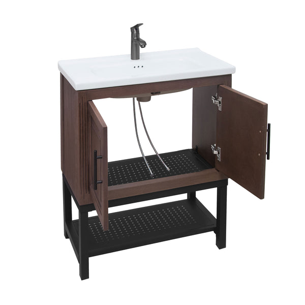 English Elm 24" Bathroom Vanity with Smooth White Ceramic Sink, Durable Metal Hinges, Adjustable Feet, Sleek Faucet & Open Iron Shelf Walnut W688P224404