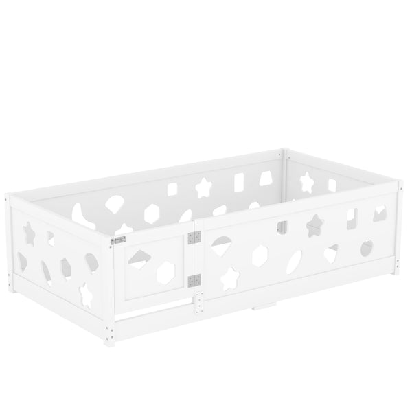 English Elm Twin Floor Bed with Safety Guardrails & Door in White — Solid Poplar Frame, Low Profile, Kids' Cozy Hideaway W1820P240540