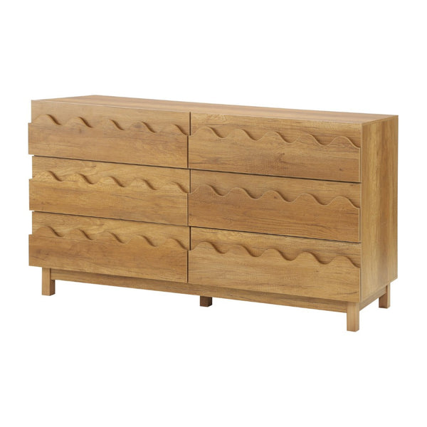 English Elm 60" Wave Front Six Drawer Dresser Sculptural Engineered Wood Media Console for Bedroom Oak N739S0000011N